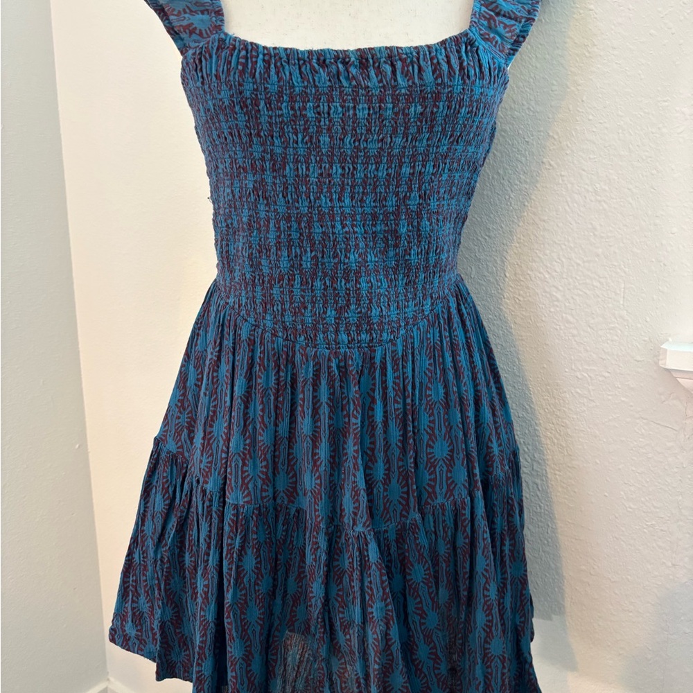 Free People Blue Smocked Tiered Sundress